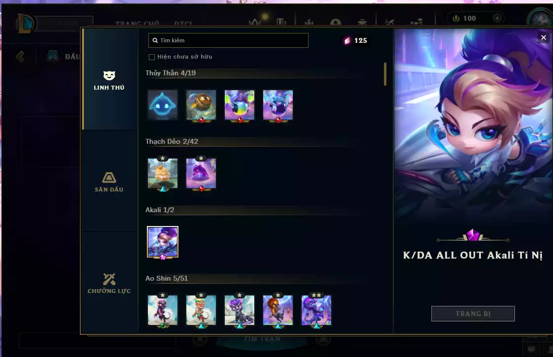 TFT 142 Linh Thú (KDa Akali Tím + Set Tím + Nhiều Pet 3 sao + 5 SànĐỏ + 18 Chưởng Lực +5vs5 Skin Đẹp