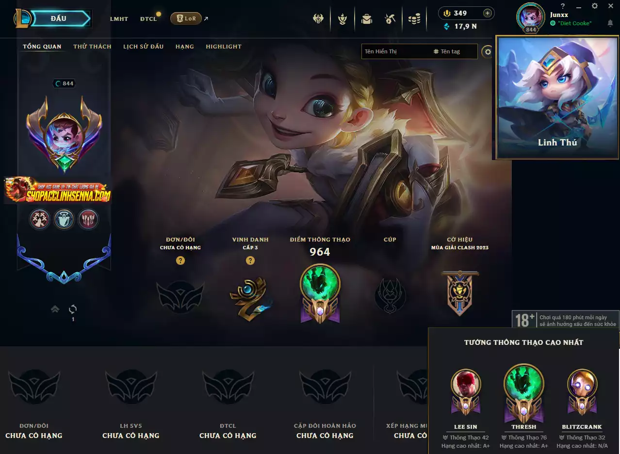 Acc Vip Main Thresh 800k Thông Thạo - 19 Hàng Hiệu - Nhiều Skin Đẹp + Khung - 5 Biểu Cảm Cao Thủ - 335 Đa Sắc - TFT Nhiều