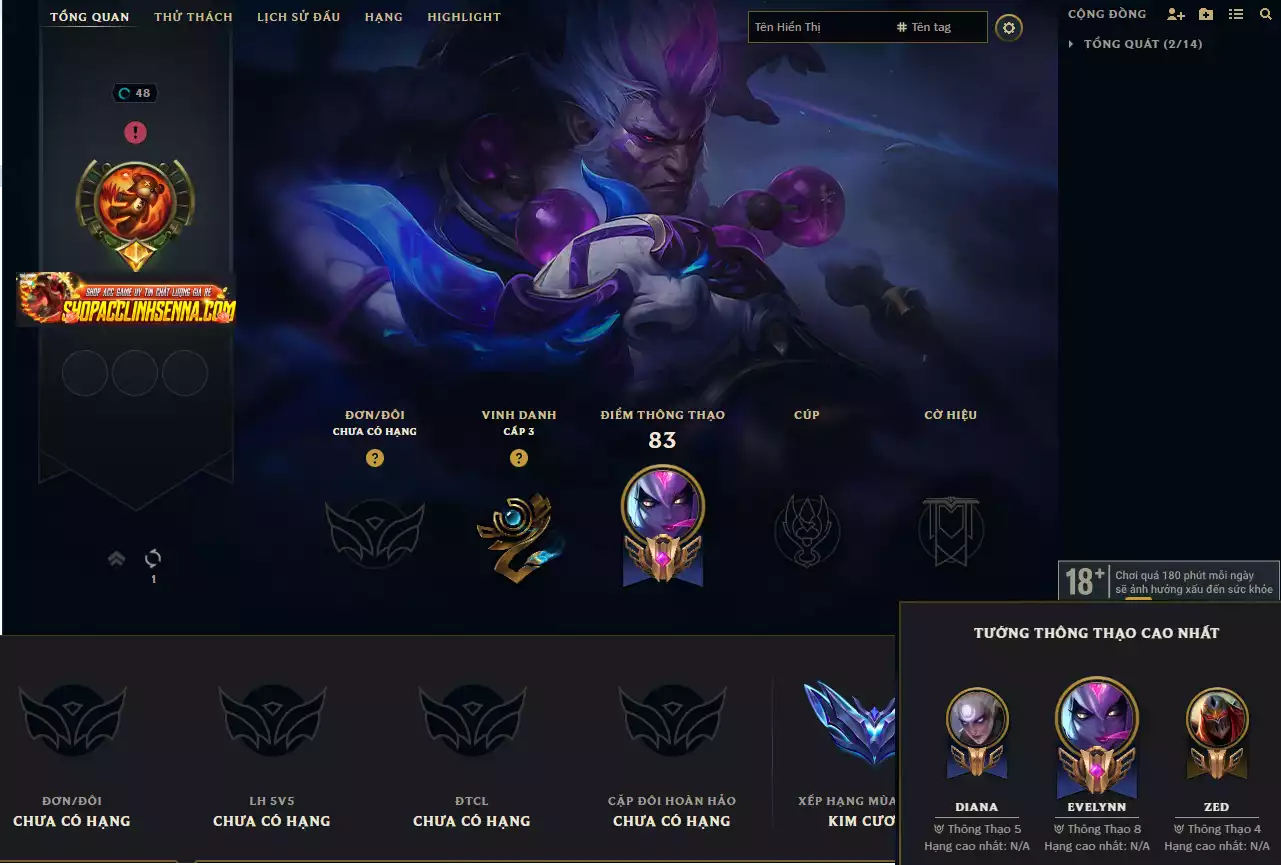 Tài Khoản Chưa Rank Elo Cao Kim Cương - Skin Đẹp