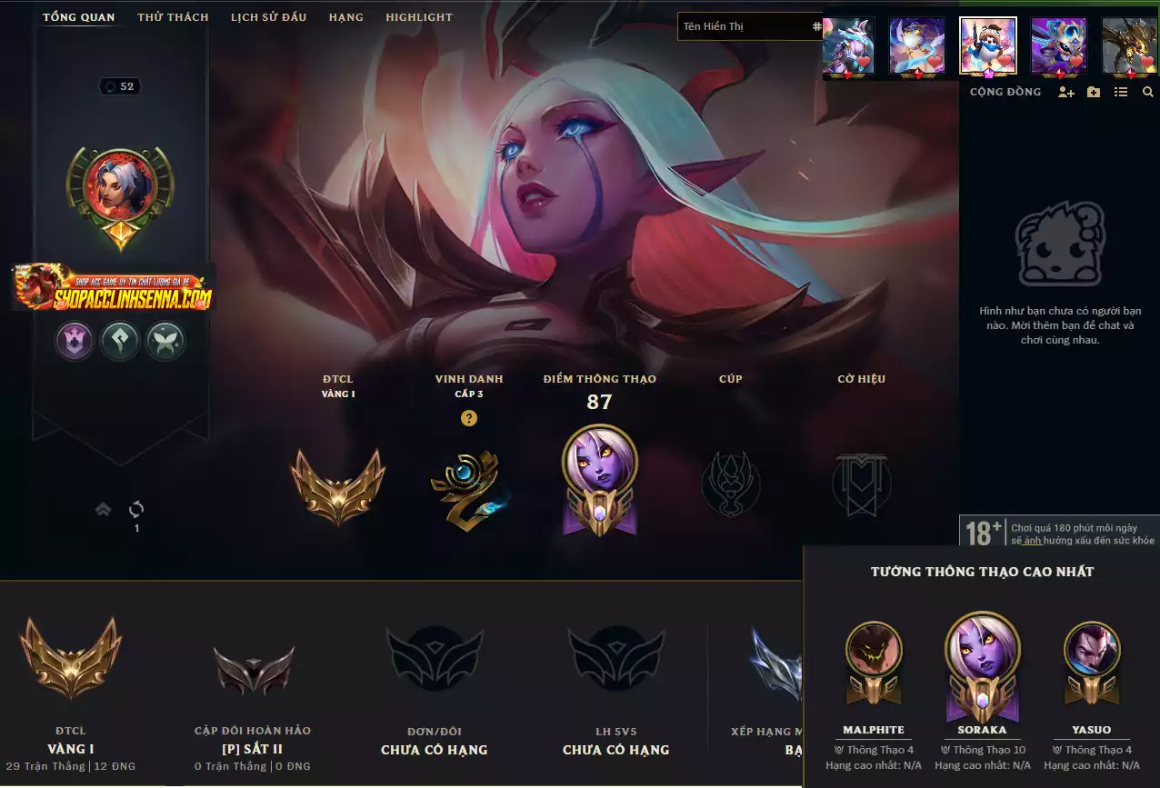 Main Nữ Nhiều Skin Đẹp + Đa Sắc - Nhiều Skin Hiếm - Riot k9 nasus - TFT Pengu Coslay Ys Tím
