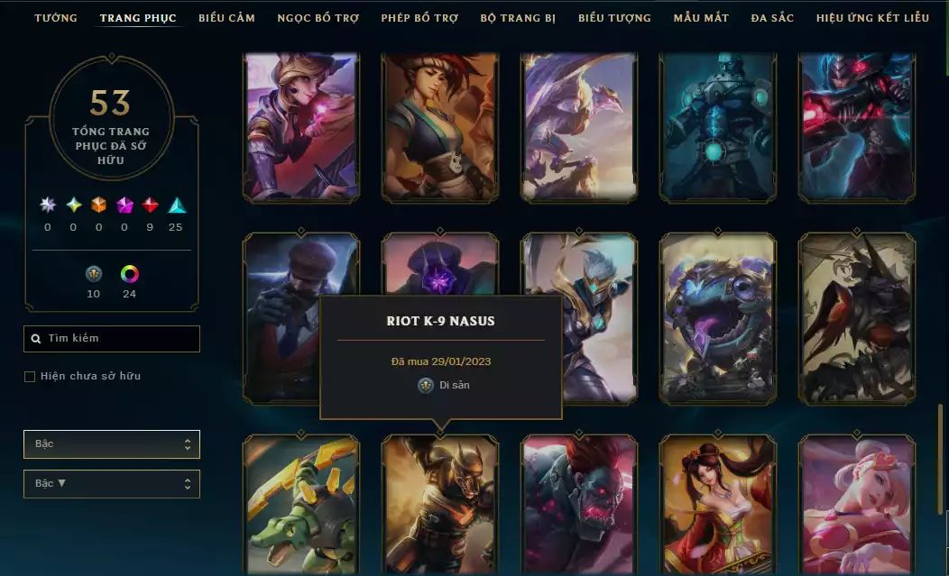 Ảnh Main Nữ Nhiều Skin Đẹp + Đa Sắc - Nhiều Skin Hiếm - Riot k9 nasus - TFT Pengu Coslay Ys Tím