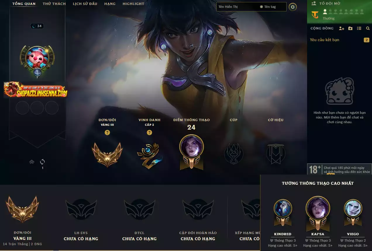 Acc Smurf Level 34 - Rank Elo + Điểm Cực Cao
