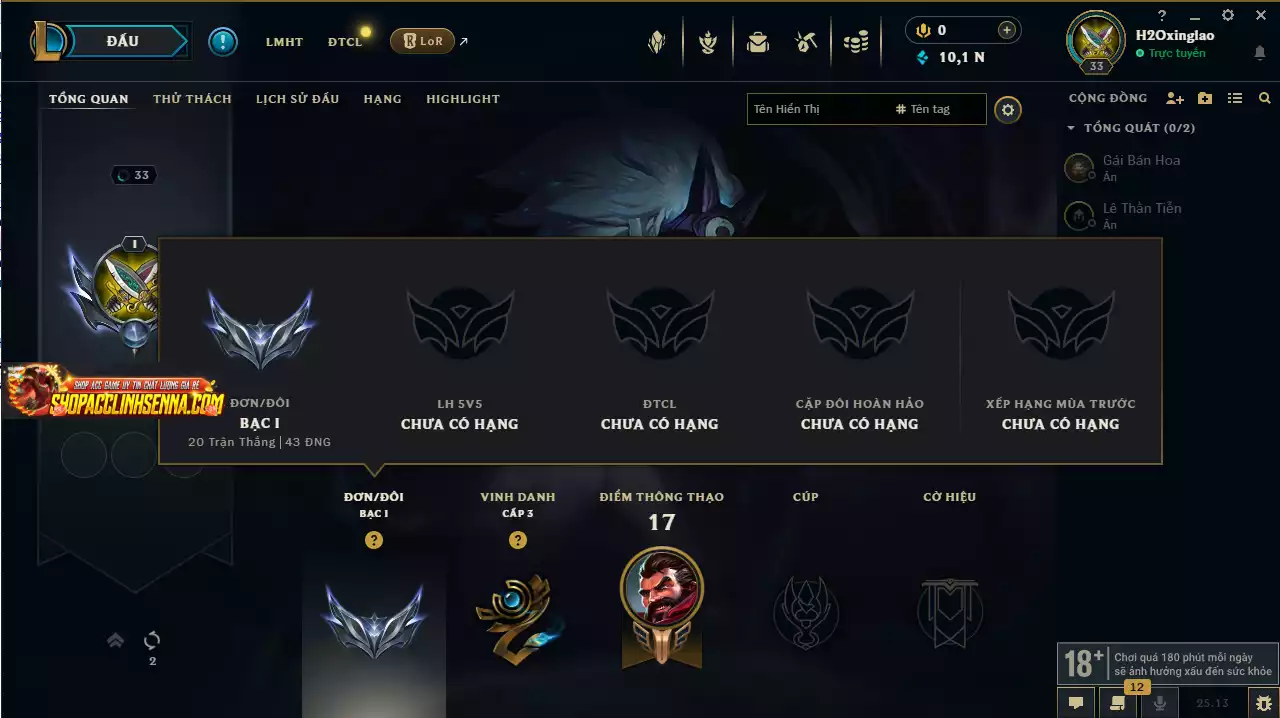Main Rừng Acc Smurf Elo Cao + Nhiều Tinh Hoa + Mảnh Tướng Trong Kho + Mảnh Skin Yasuo Chân Long Kiếm