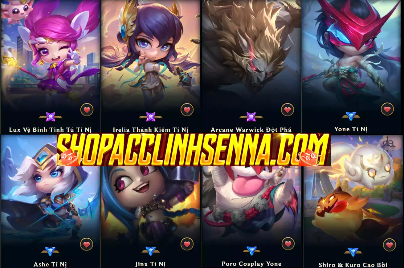 ( 5 HH) 3 Pet Tím ( IRELIA + LUX + WARWICK) - 3 Tí Nị Thường (Jinx Yone AShe ) + Poro Coslay Yone + Shiro Kuro Cao Bồi - Nhiều Pet Khác + Nhiều Chưởng Lực + Sàn Đấu + Cổng Dịch Chuyển