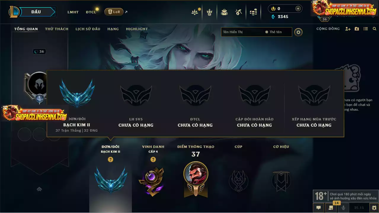 Acc Smurf Rank Bạch Kim Elo Cao - Main Rừng - Còn Dư Nhiều Mảnh Tướng