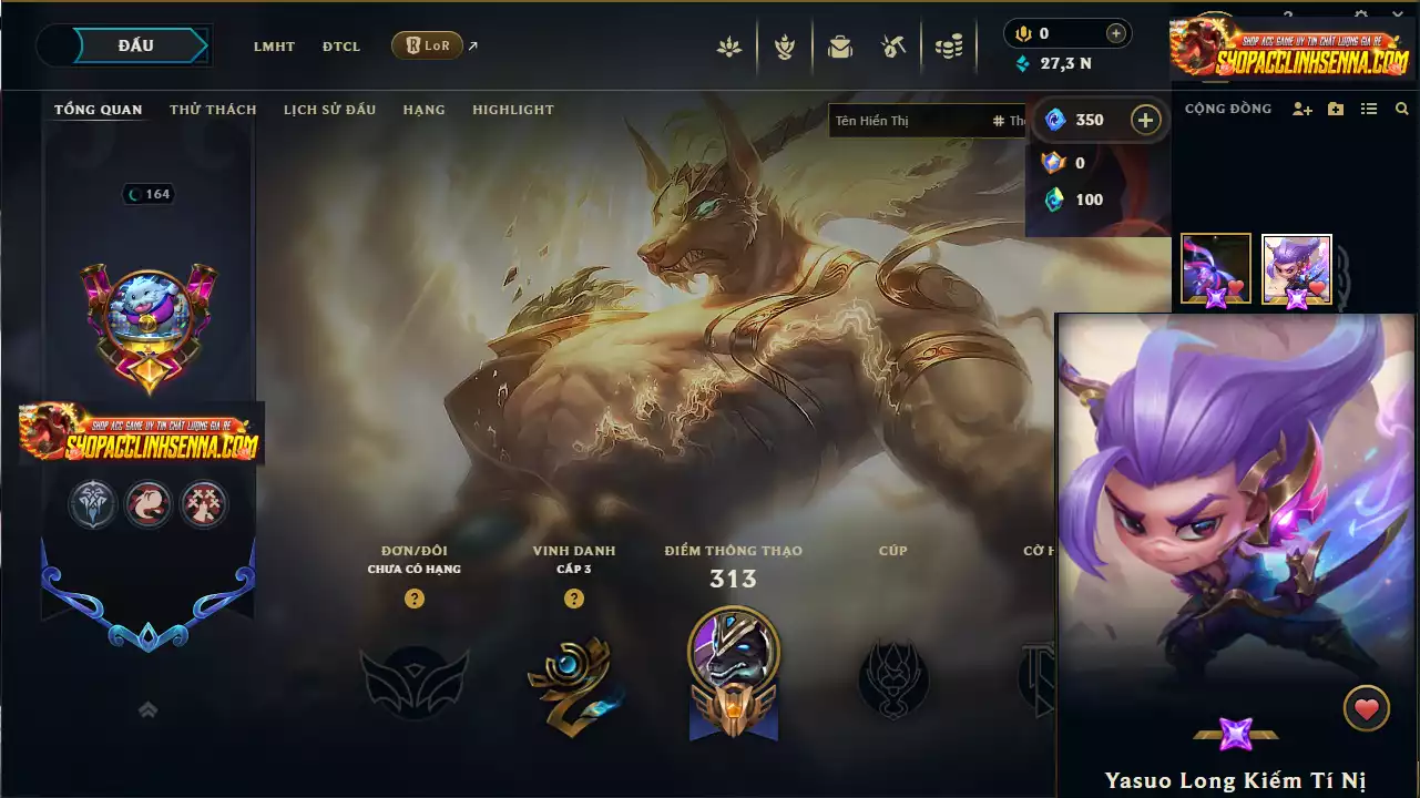 Acc Unrank - Main Top - Nhiều Trang Phục Top - TFT YaSuo Long Kiếm Tí Nị Tím 💜