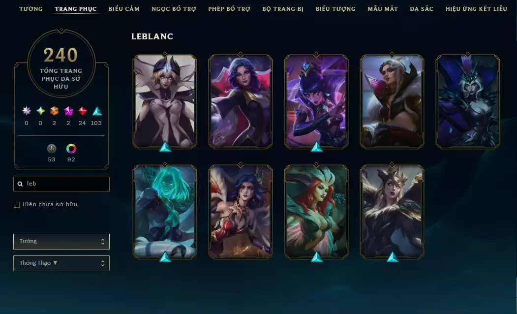 Ảnh Main Mid Leblanc + 9 trang phục - Nhiều Trang phục Đẹp mắt - Rank Elo Cao