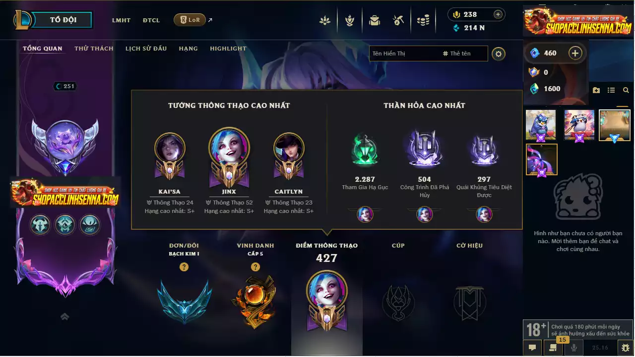 MAIN ADC + Nhiều Skin - Khung Cờ Hiệu Hoa Linh Lục Địa - TFT 2 PET Tím - 500k Thông Thạo Jinx