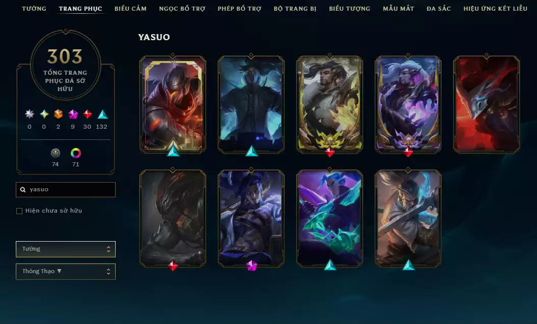 Ảnh (6 Hàng Hiệu) Main Yasuo - 9 Skin - 1 triệu659 Thông Thạo Yasuo - Khung Trang Phục - TFT Nhiều Pet