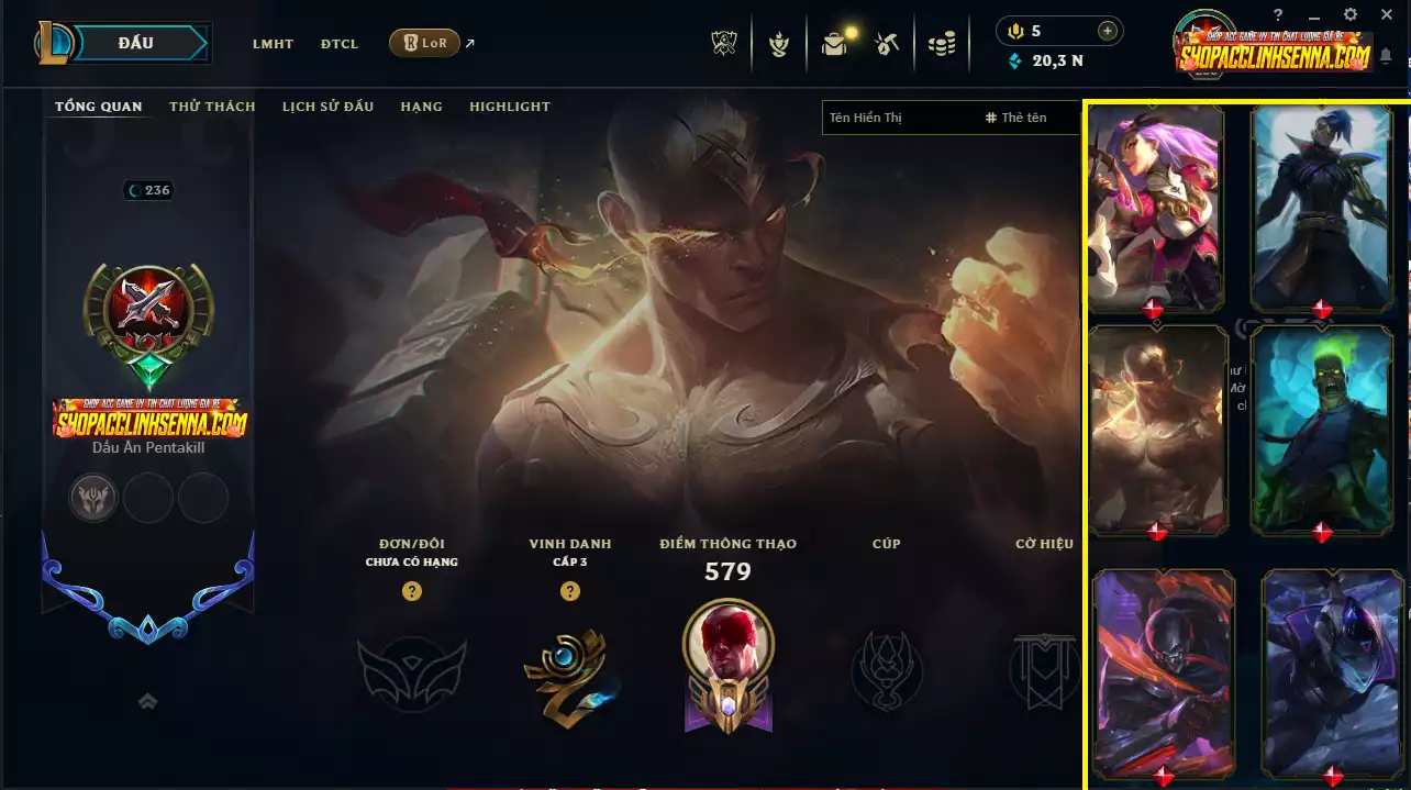 💬Unrank - Main LeeSin ( Nhiều Skin Nổi Bật : Brand Thây ma , Kayn Tử Thần Không Gian,Leesin Tuyệt Vô Thần , Katarina Nữ Thần Chiến Binh...)